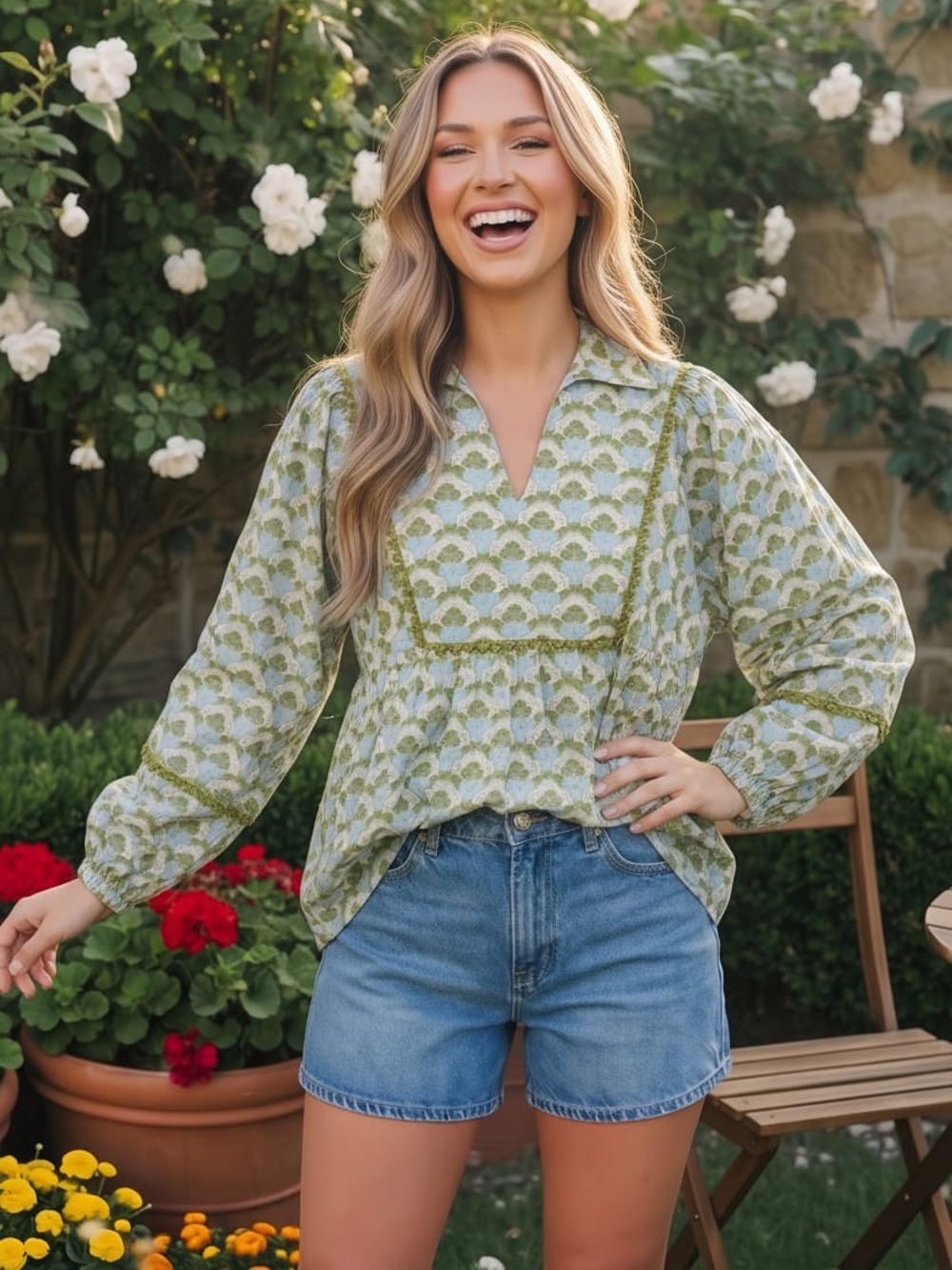 Jodifl Light Green Patterned V-Neck Long Sleeve Women’s Top